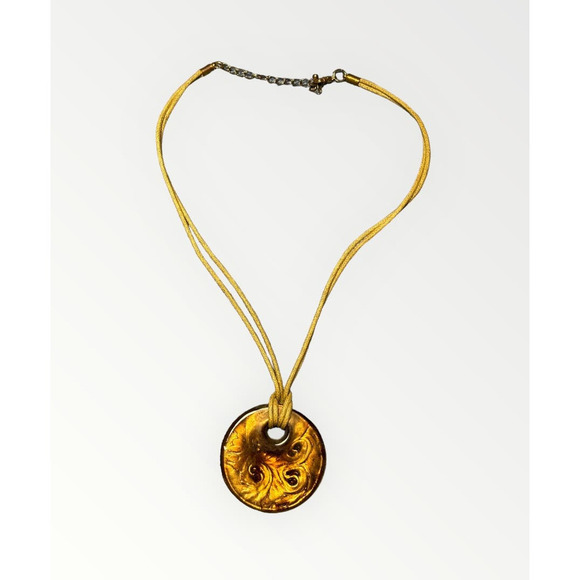 Art Glass 1.5" Pendant Brown Gold Swirl Sparkle Jewelry Necklace 18" - Picture 2 of 7